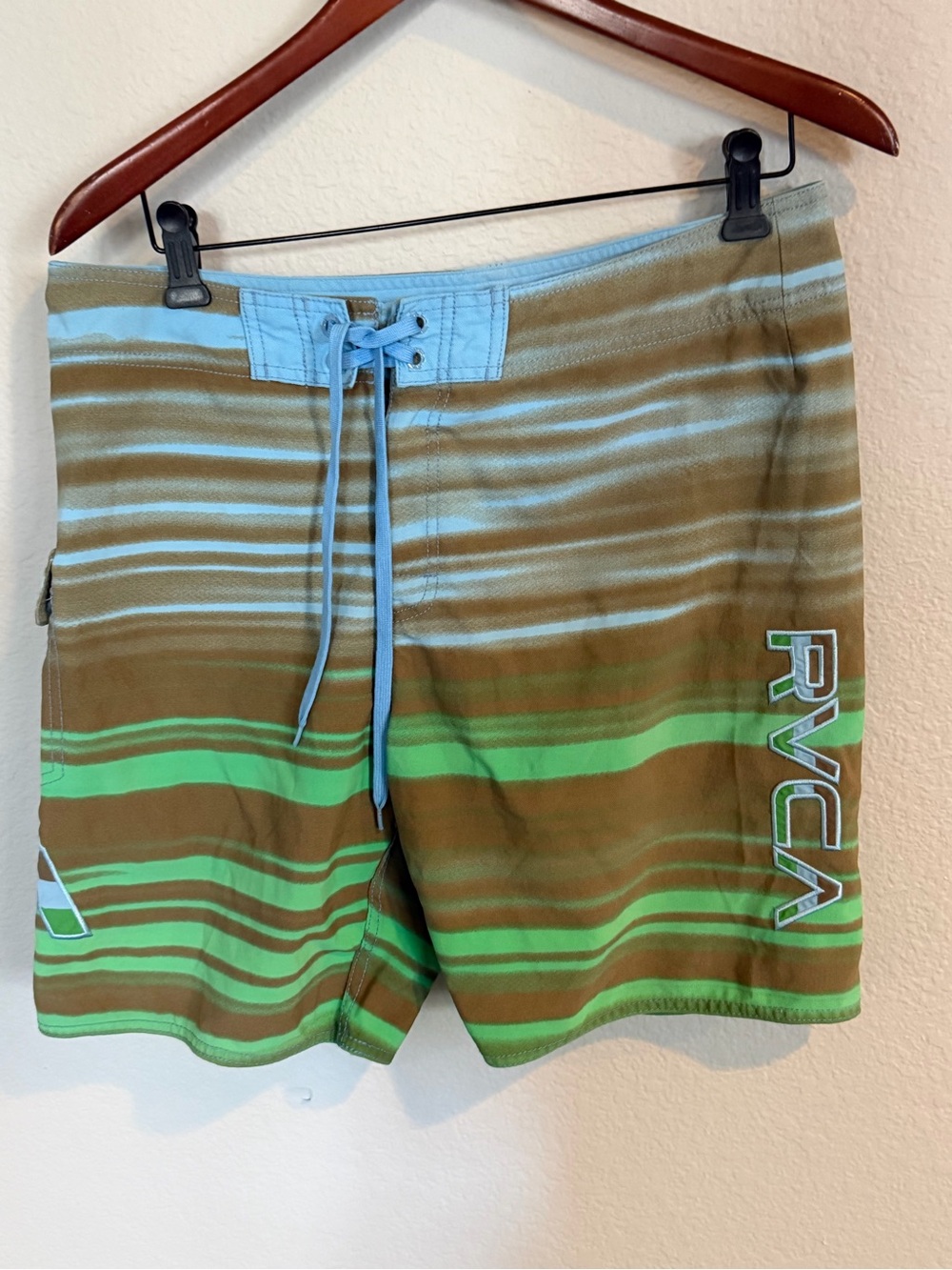 RVCA Men’s Brown & Green Striped Swim Trunks 34